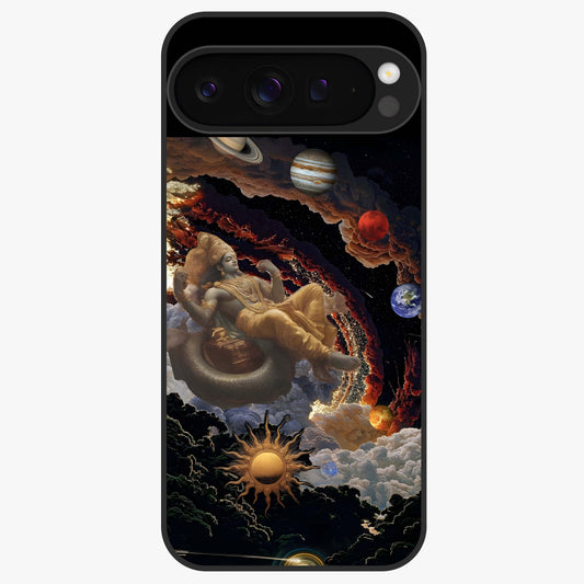 Galactic Divine God Glass Case showing flat back view with divine cosmic themed artwork and glossy glass finish.