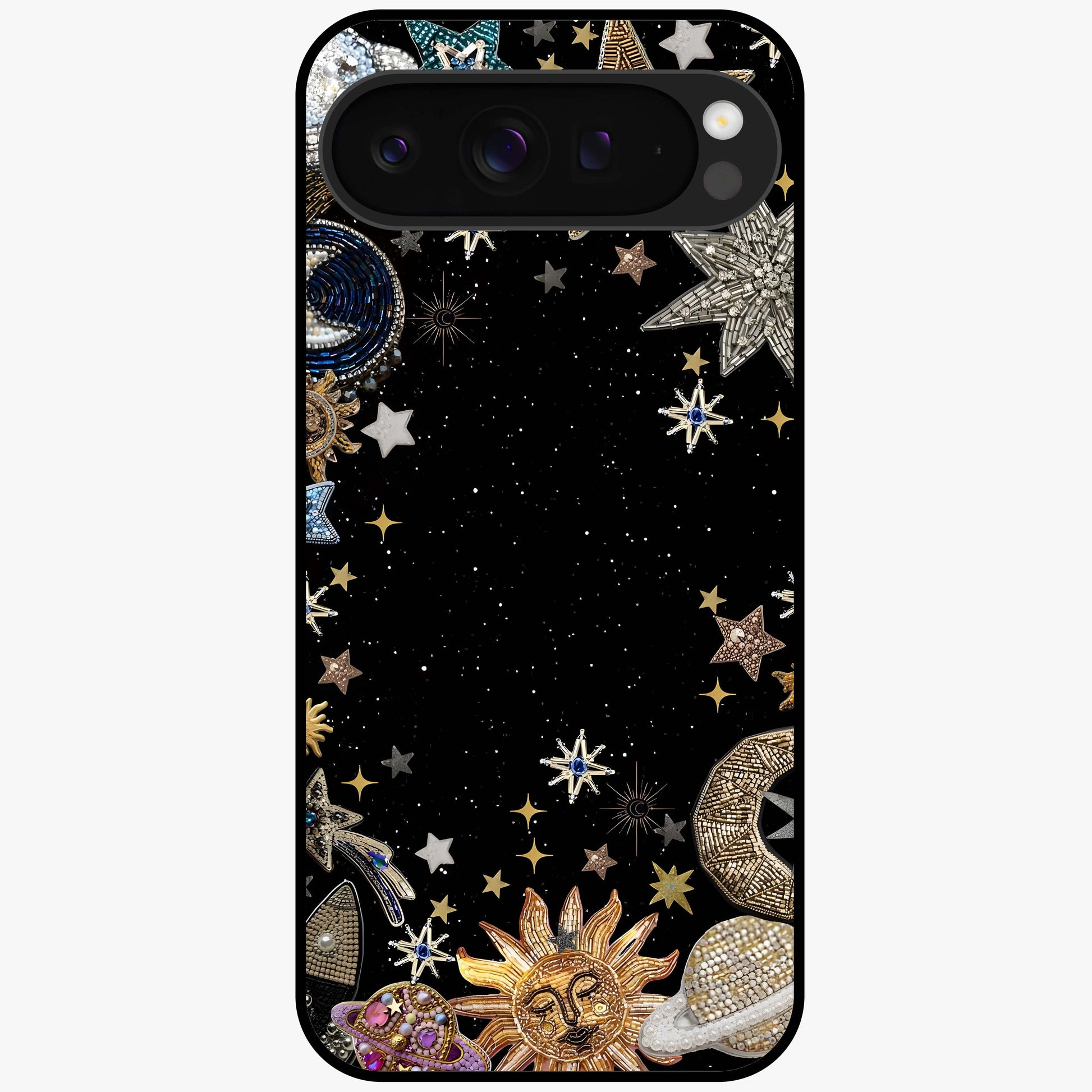 Galactic Jewel Stars Glass Case showing flat back view with sparkling star jewel artwork and glossy glass finish.