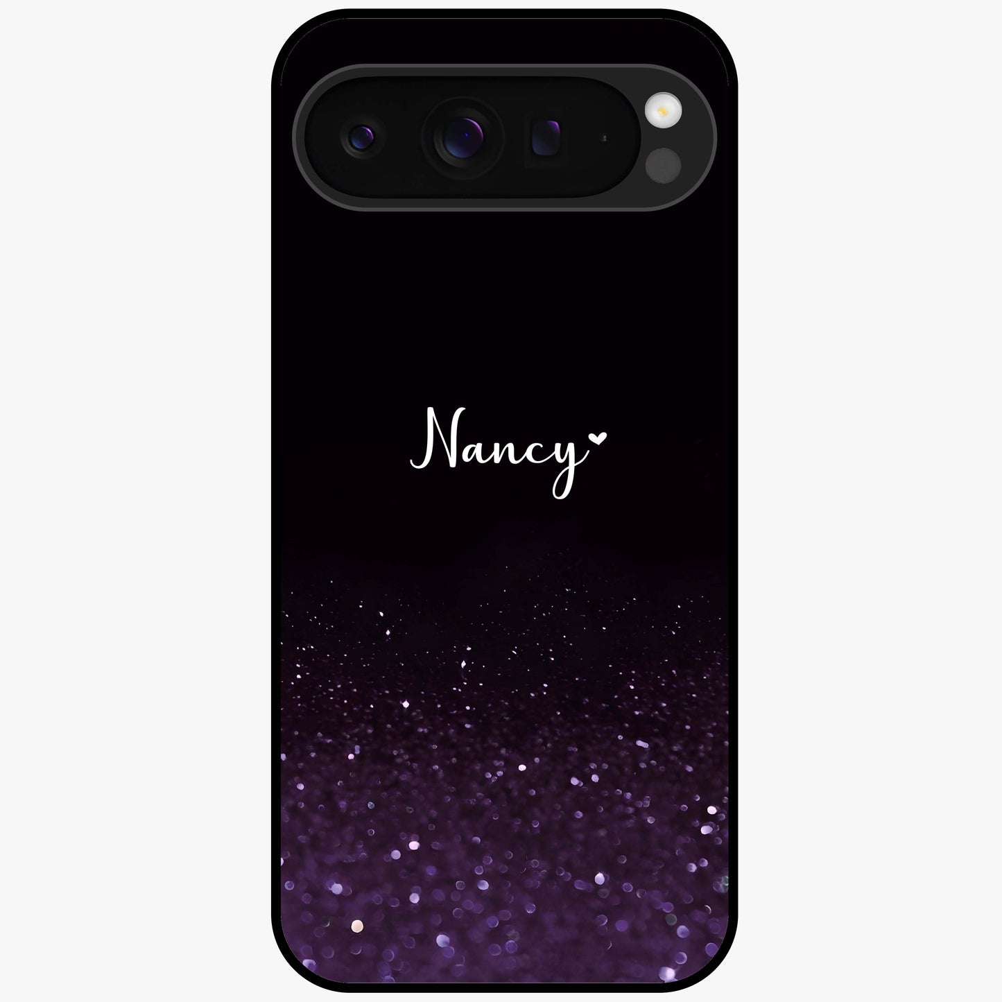 Glittery Purple Bokeh Custom Name Glass Case showing flat back view with purple bokeh sparkle artwork and personalized name design.