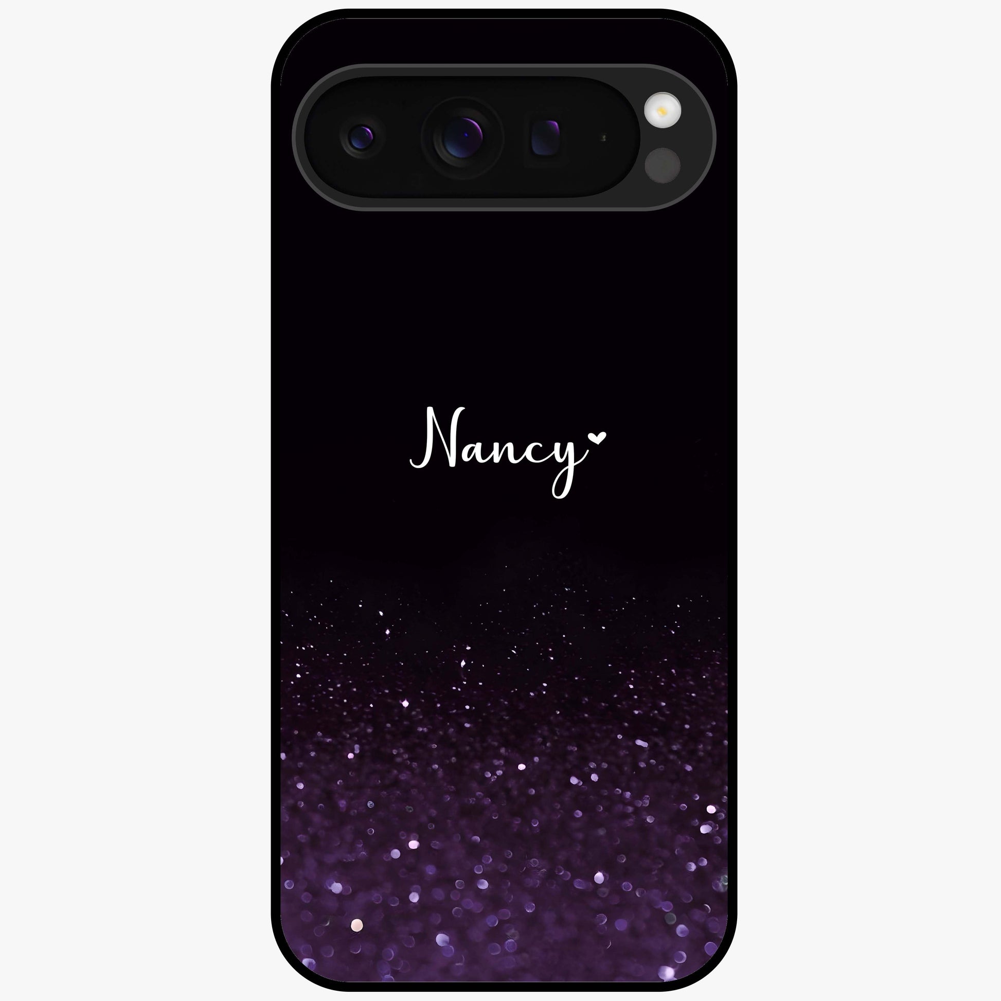 Glittery Purple Bokeh Custom Name Glass Case showing flat back view with purple bokeh sparkle artwork and personalized name design.