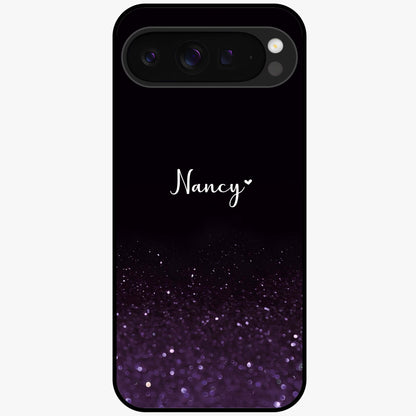 Glittery Purple Bokeh Custom Name Glass Case showing flat back view with purple bokeh sparkle artwork and personalized name design.