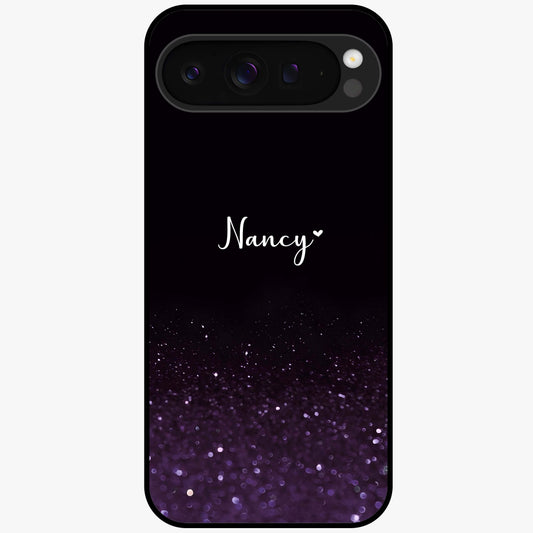 Glittery Purple Bokeh Custom Name Glass Case showing flat back view with purple bokeh sparkle artwork and personalized name design.