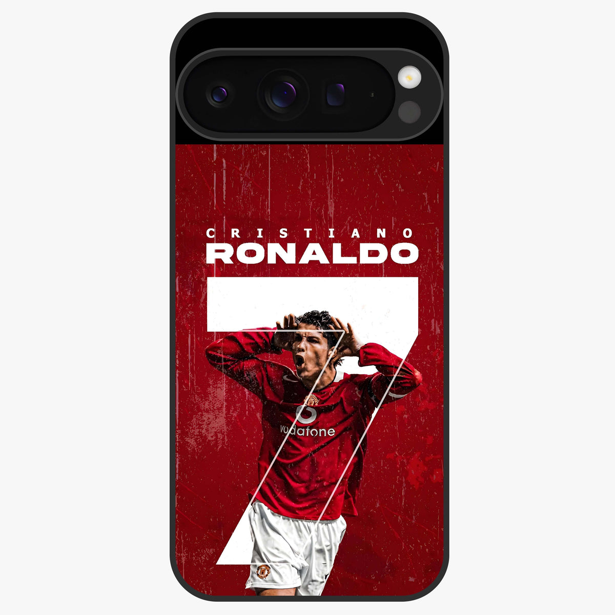 Goal Celebration Legacy Glass Case showing flat back view with football celebration inspired artwork and glossy glass finish.