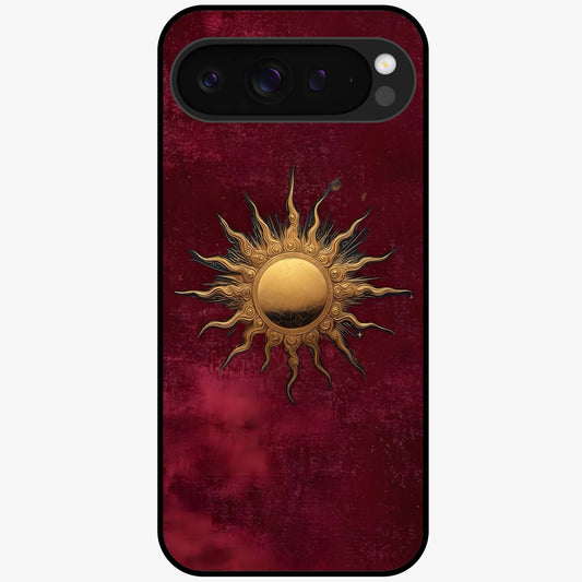 Gold Sun Blush Glass Case showing flat back view with golden sun inspired artwork and glossy glass finish.