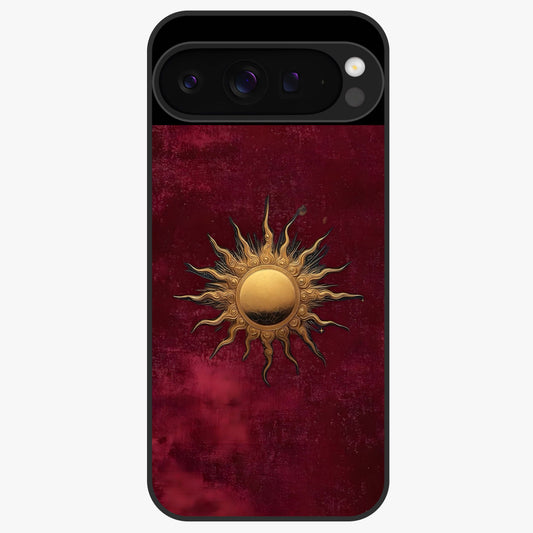 Gold Sun Blush Glass Case showing flat back view with golden sun inspired artwork and glossy glass finish.