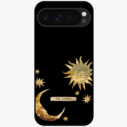 Golden Celestial Charm Glass Case showing flat back view with golden celestial charm artwork and glossy glass finish.