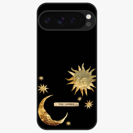 Golden Celestial Charm Glass Case showing flat back view with golden celestial charm artwork and glossy glass finish.