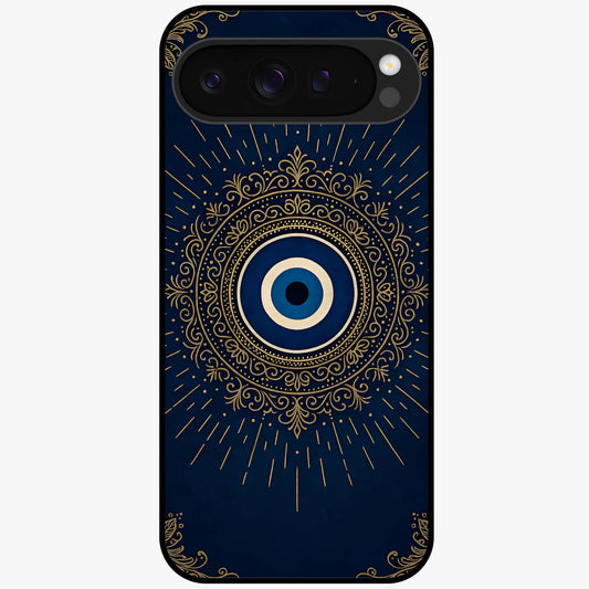 Golden Evil Eye Mandala Glass Case showing flat back view with intricate evil eye mandala artwork and glossy glass finish.