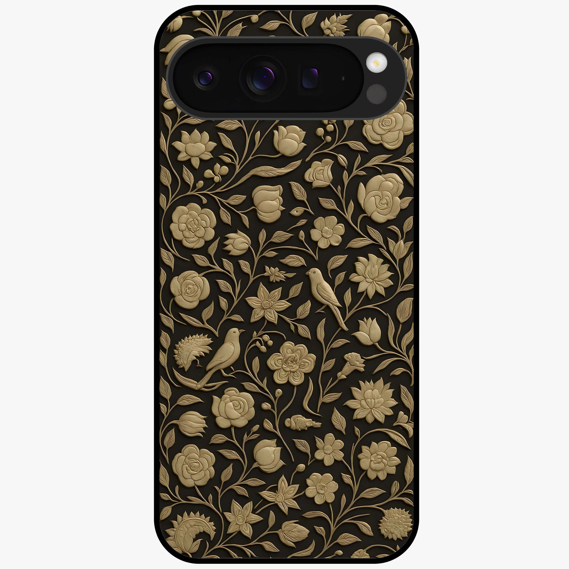 Golden Floral Majesty Glass Case showing flat back view with luxurious golden floral artwork and glossy glass finish.
