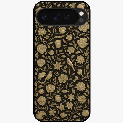 Golden Floral Majesty Glass Case showing flat back view with luxurious golden floral artwork and glossy glass finish.
