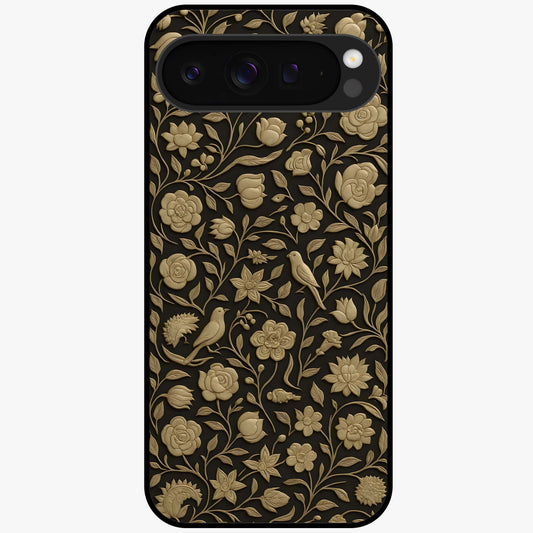 Golden Floral Majesty Glass Case showing flat back view with luxurious golden floral artwork and glossy glass finish.