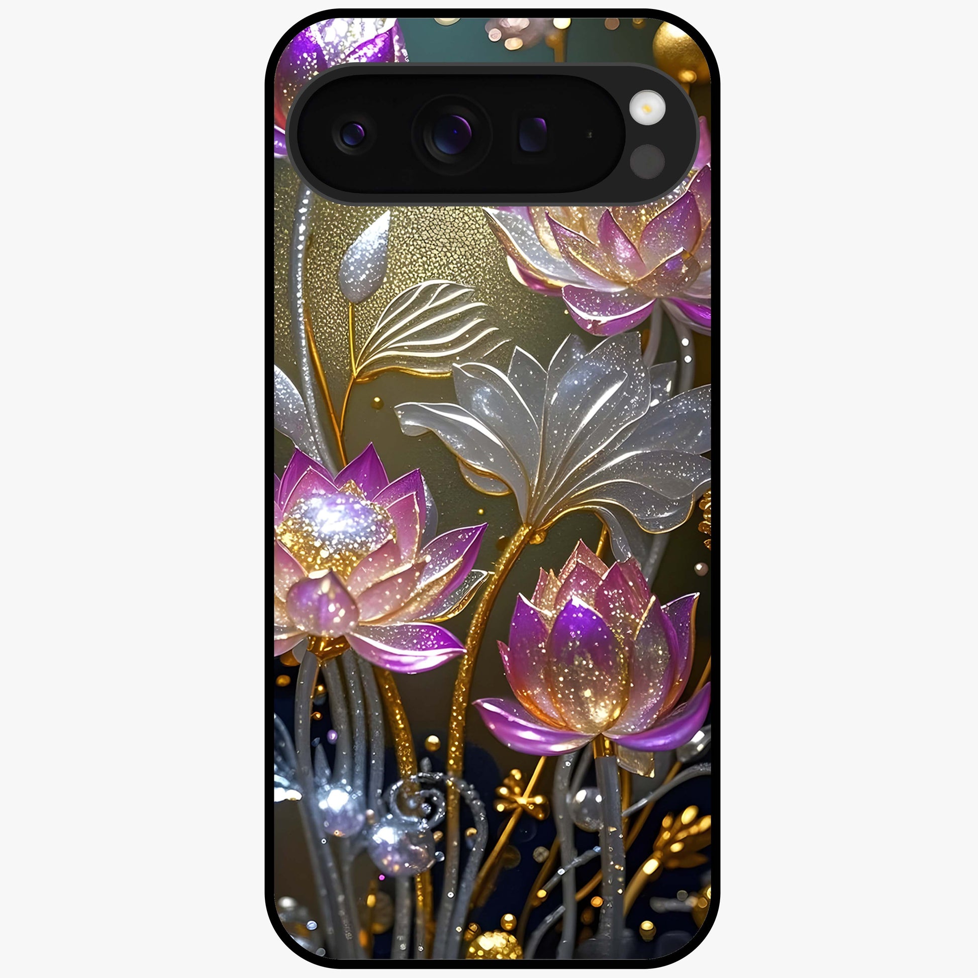 Golden Lotus Glow Glass Case showing flat back view with glowing lotus flower artwork and glossy glass finish.