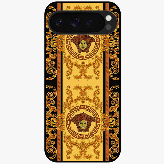 Golden Royal Heritage Glass Case showing flat back view with ornate royal pattern artwork and glossy glass finish.