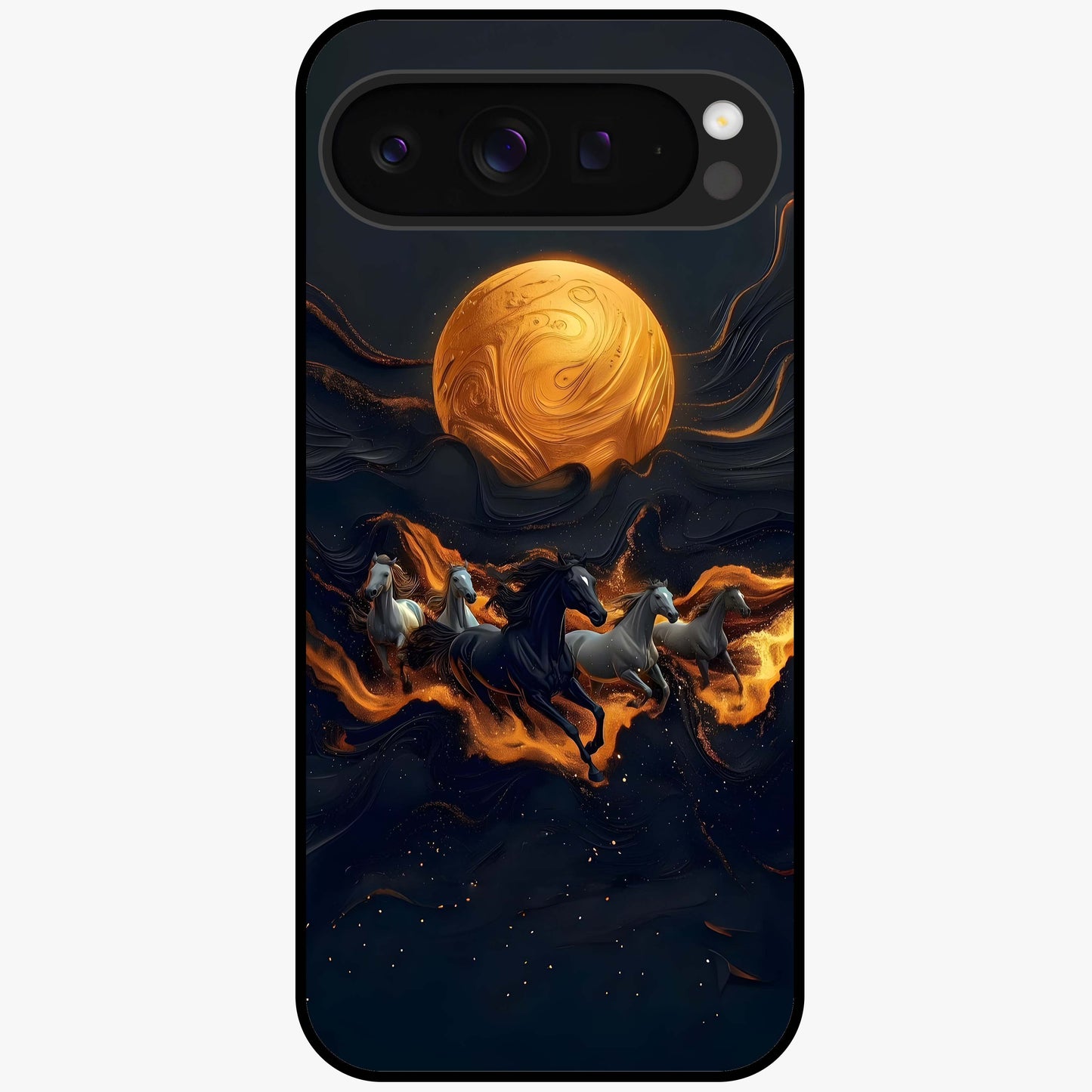 Golden Stallion Moonride Glass Case showing flat back view with majestic horse under moonlight artwork and glossy glass finish.
