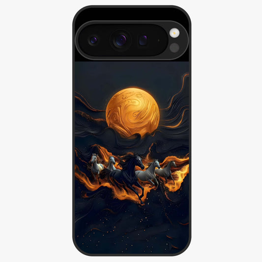 Golden Stallion Moonride Glass Case showing flat back view with majestic horse under moonlight artwork and glossy glass finish.