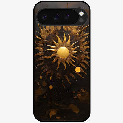 Golden Sun Majesty Glass Case showing flat back view with radiant golden sun artwork and glossy glass finish.