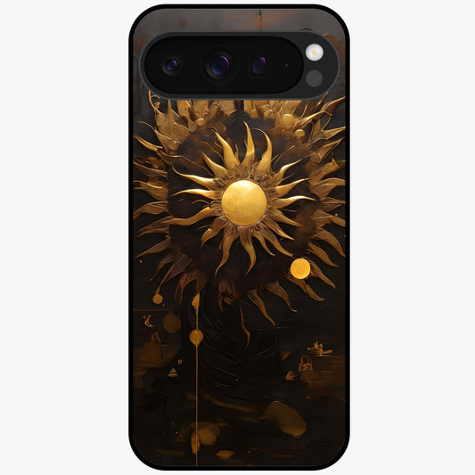 Golden Sun Majesty Glass Case showing flat back view with radiant golden sun artwork and glossy glass finish.