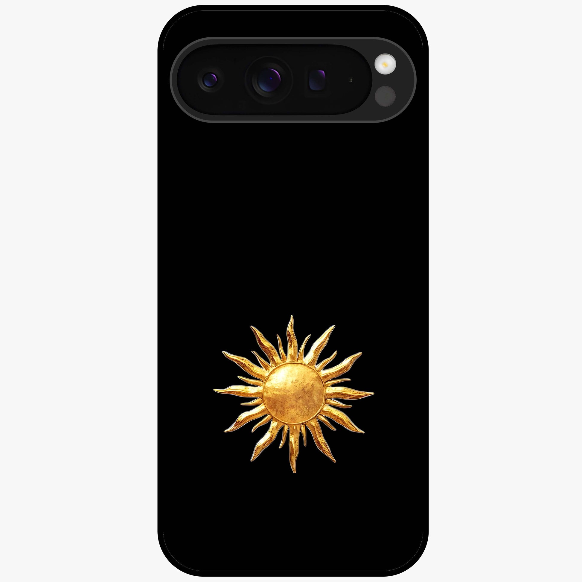 Golden Sun Minimalism Glass Case showing flat back view with minimal golden sun artwork and glossy glass finish.