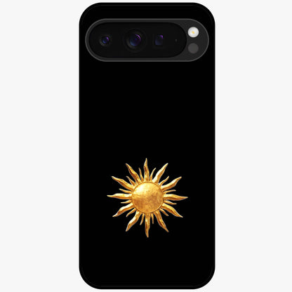 Golden Sun Minimalism Glass Case showing flat back view with minimal golden sun artwork and glossy glass finish.