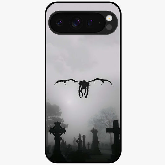 Graveyard Shadow Descent Glass Case showing flat back view with dark graveyard themed artwork and glossy glass finish.