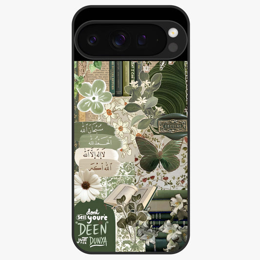 Green Islamic Books Quotes Glass Case showing flat back view with Islamic quotes and book themed artwork and glossy glass finish.