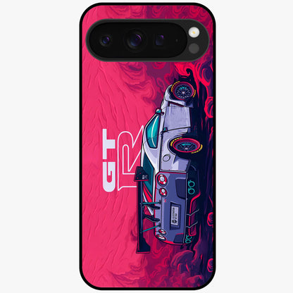 GT-R Car Pattern Glass Case showing flat back view with sporty car inspired pattern artwork and glossy glass finish.