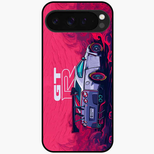 GT-R Car Pattern Glass Case showing flat back view with sporty car inspired pattern artwork and glossy glass finish.