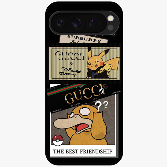 Gucci Play Mashup Glass Case showing flat back view with luxury inspired graphic artwork and glossy glass finish.