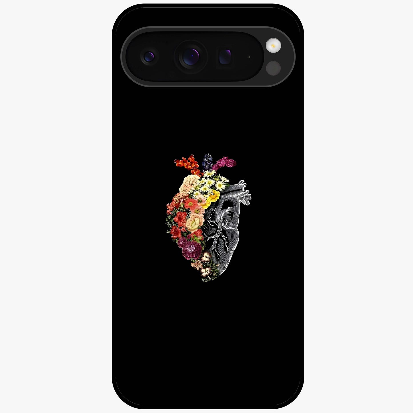 Heart With Flowers Glass Case showing flat back view with heart shaped floral artwork and glossy glass finish.