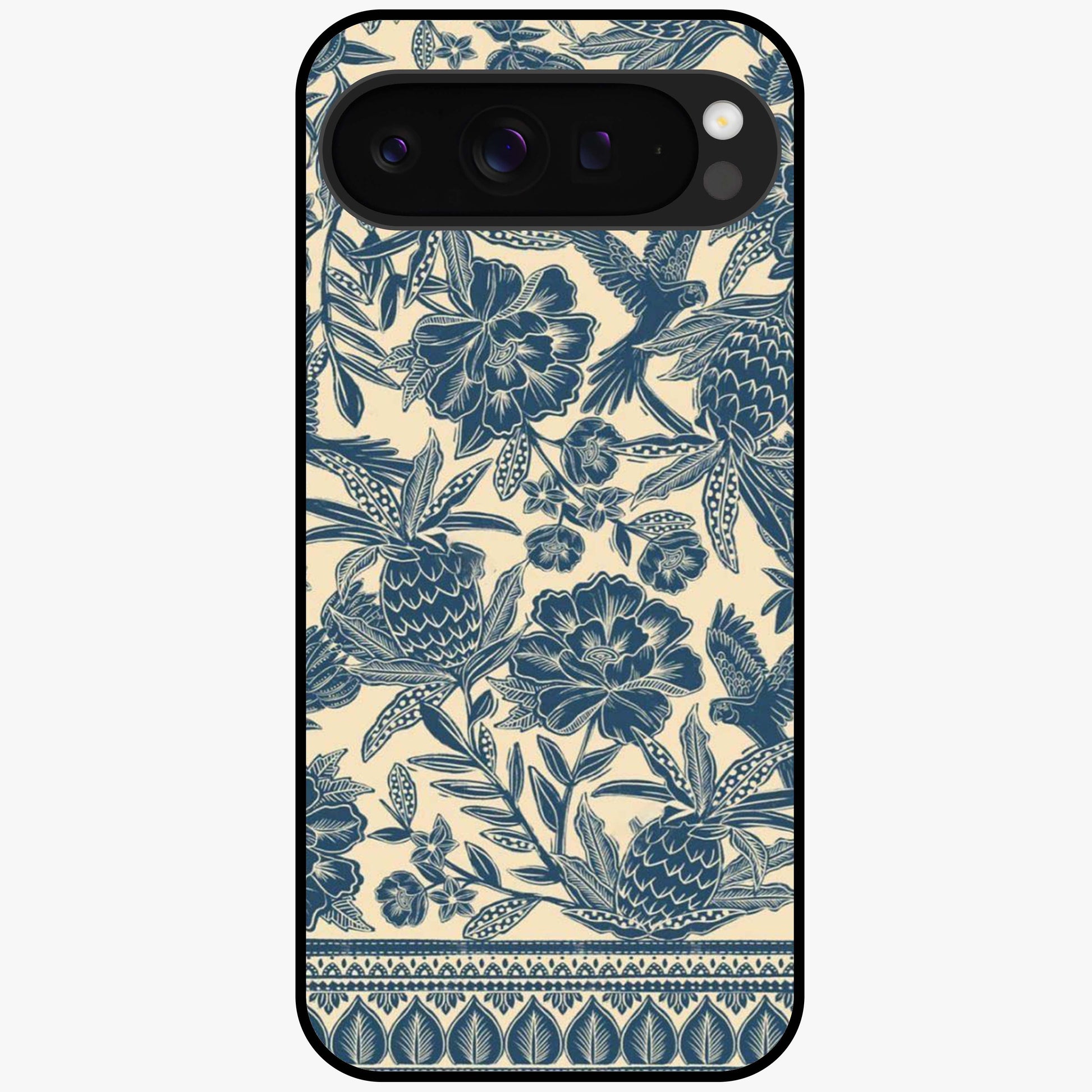 Heirloom Wild Bloom Glass Case showing flat back view with vintage inspired wild flower artwork and glossy glass finish.
