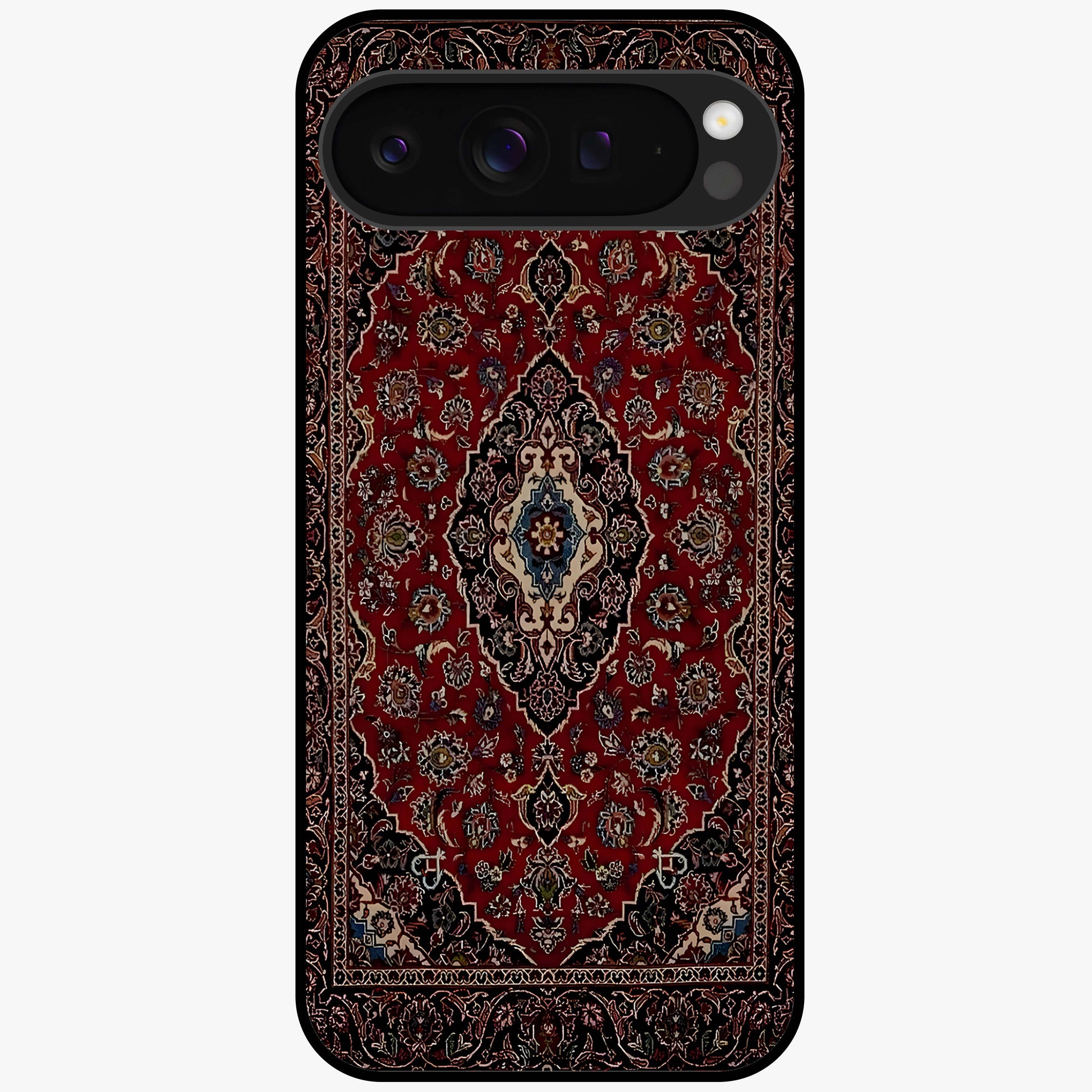 Heritage Carpet Royale Glass Case showing flat back view with ornate Persian carpet inspired pattern and glossy glass finish.