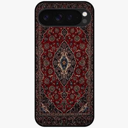 Heritage Carpet Royale Glass Case showing flat back view with ornate Persian carpet inspired pattern and glossy glass finish.
