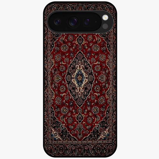 Heritage Carpet Royale Glass Case showing flat back view with ornate Persian carpet inspired pattern and glossy glass finish.