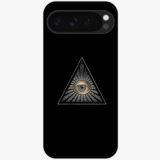 Illuminati Evil Glass Case showing flat back view with mysterious illuminati symbol artwork and glossy glass finish.