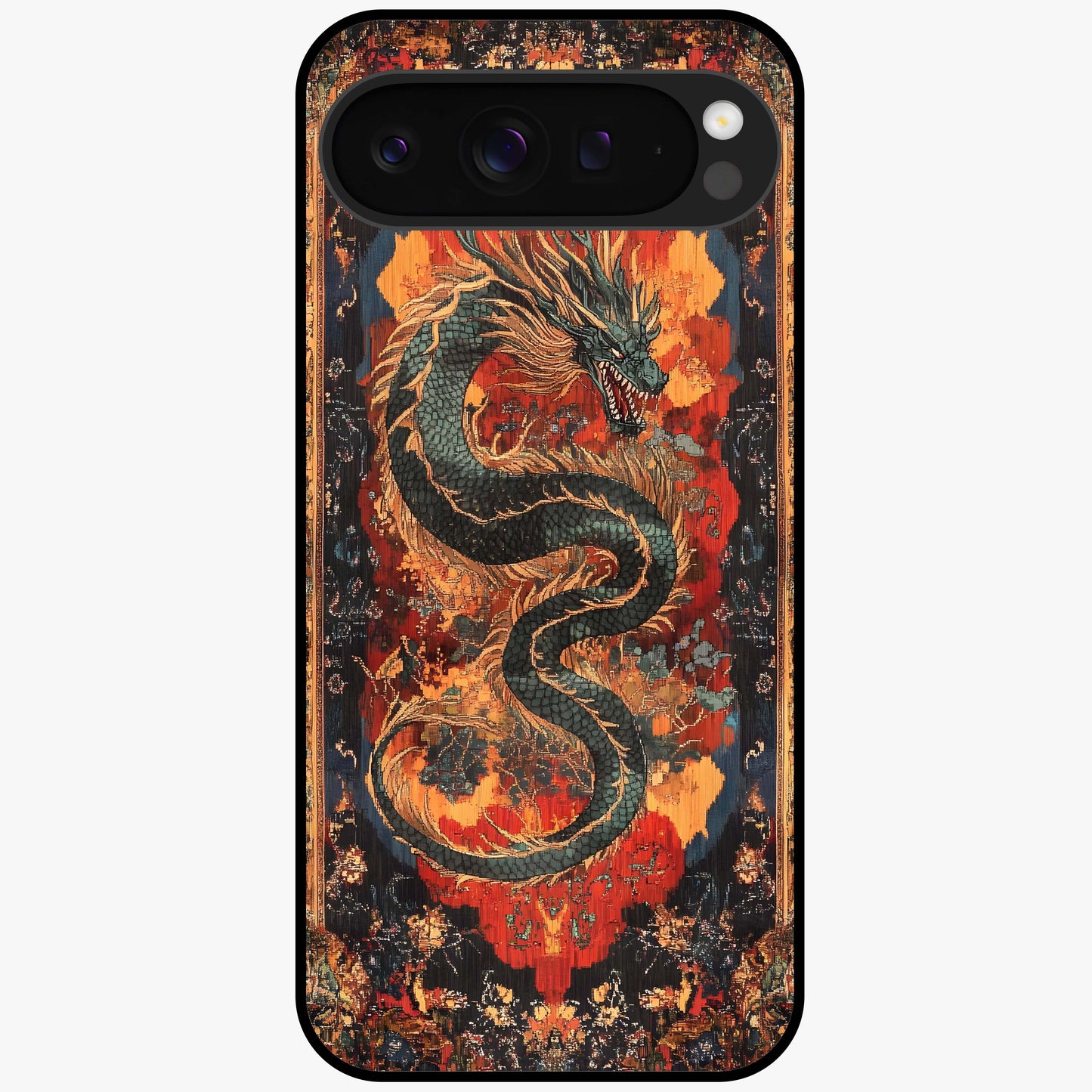 Inferno Dragon Soul Glass Case showing flat back view with fiery dragon artwork and glossy glass finish.