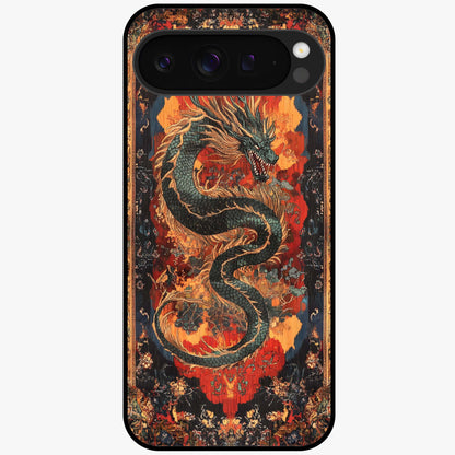 Inferno Dragon Soul Glass Case showing flat back view with fiery dragon artwork and glossy glass finish.