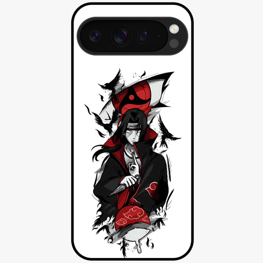 Itachi Sharingan Glass Case showing flat back view with powerful anime eye artwork and glossy glass finish.