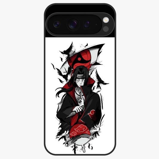 Itachi Sharingan Glass Case showing flat back view with powerful anime eye artwork and glossy glass finish.
