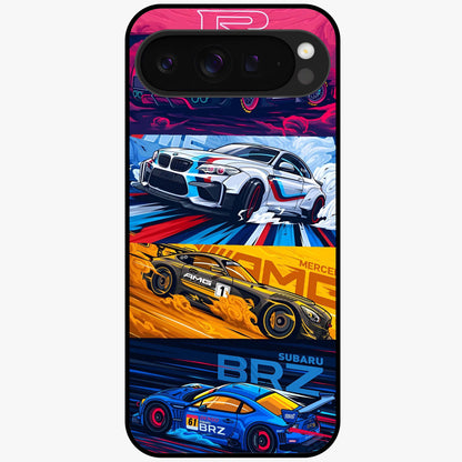 JDM Sports Car Glass Case showing flat back view with high performance sports car artwork and glossy glass finish.