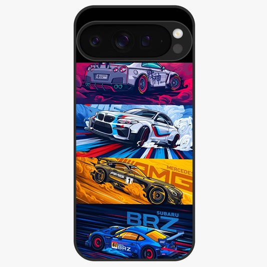 JDM Sports Car Glass Case showing flat back view with high performance sports car artwork and glossy glass finish.