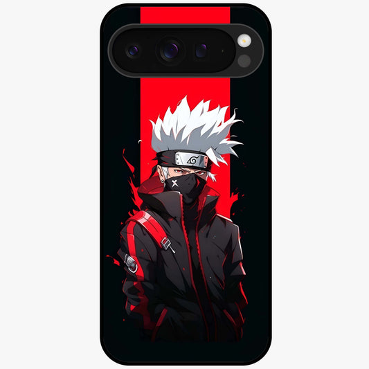 Kakashi Scarlet Shadow Glass Case showing flat back view with powerful anime ninja artwork and glossy glass finish.
