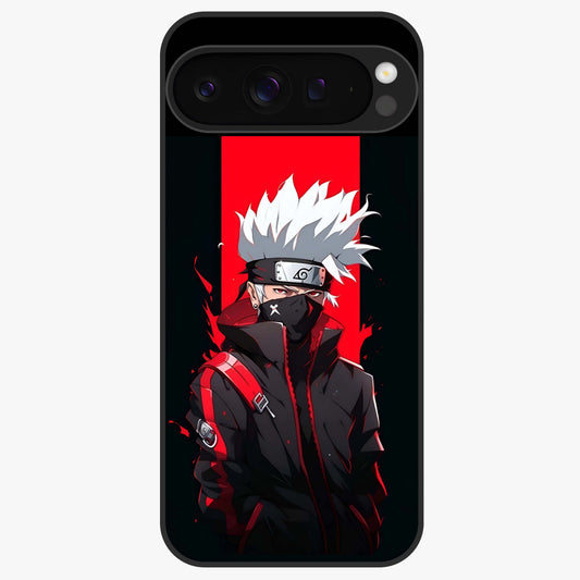 Kakashi Scarlet Shadow Glass Case showing flat back view with powerful anime ninja artwork and glossy glass finish.