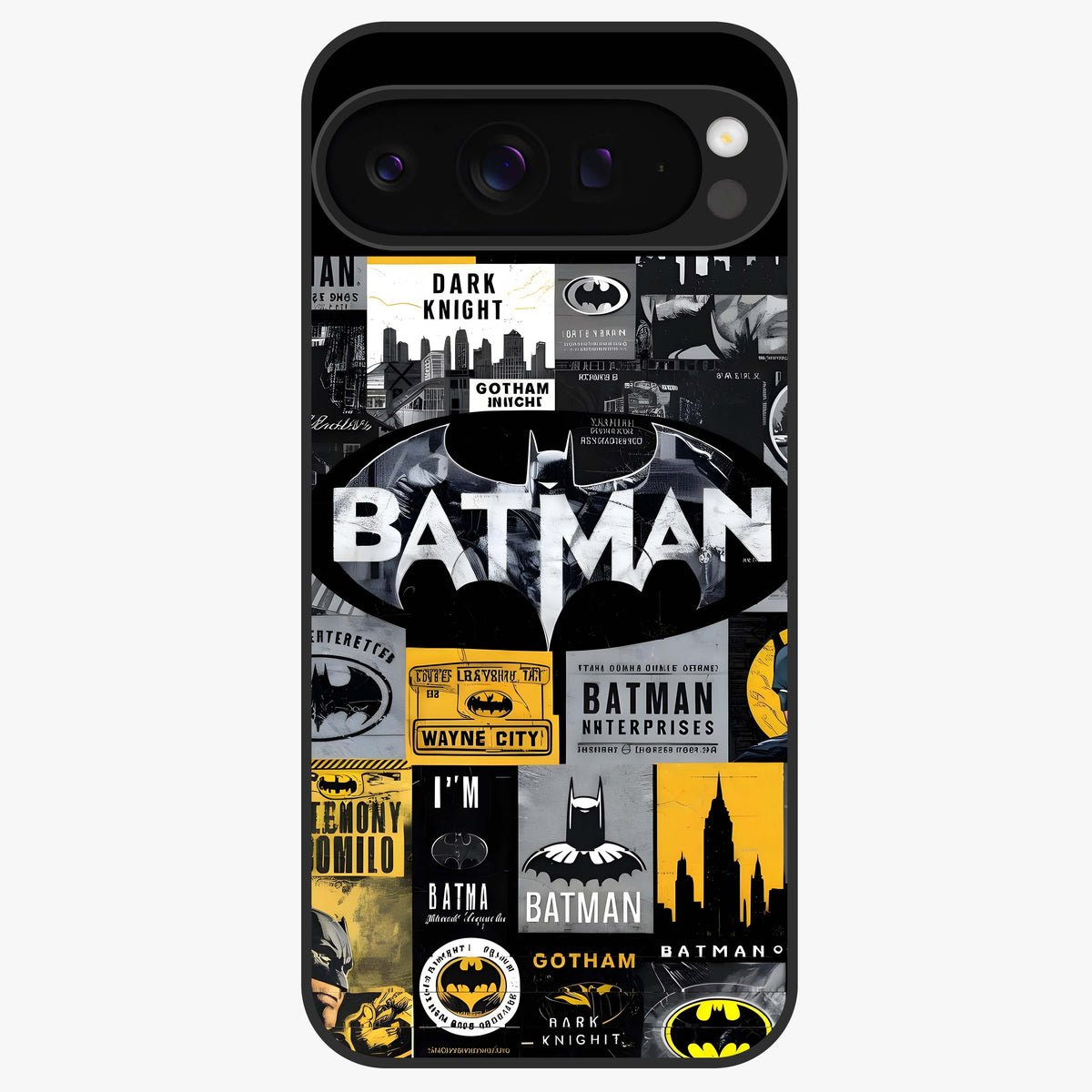 Knight Gotham Rise Glass Case showing flat back view with dark hero inspired artwork and glossy glass finish.