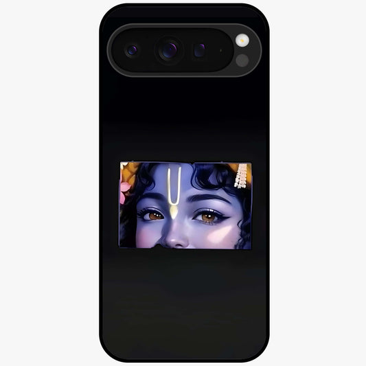 Krishna Divine Embrace Glass Case showing flat back view with Lord Krishna devotional artwork and glossy glass finish.
