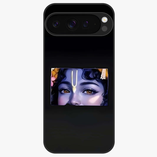 Krishna Divine Embrace Glass Case showing flat back view with Lord Krishna devotional artwork and glossy glass finish.