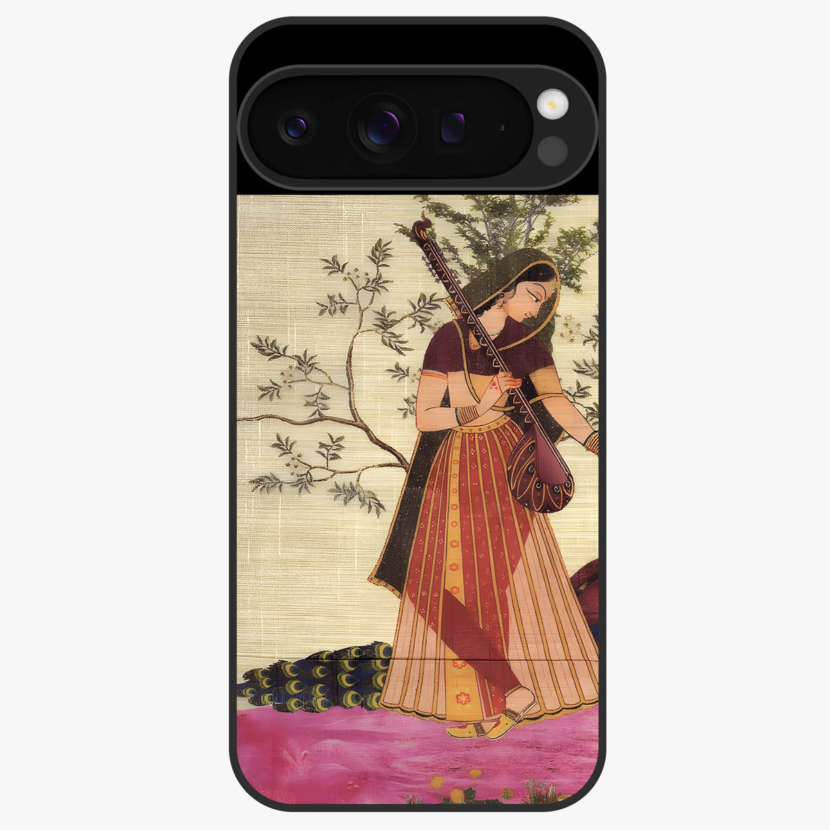 Lady With Veena Art Glass Case showing flat back view with elegant woman playing veena artwork and glossy glass finish.
