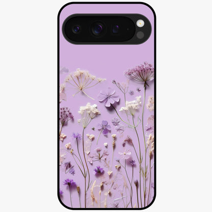 Lavender Blossom Dream Glass Case showing flat back view with soft lavender floral artwork and glossy glass finish.