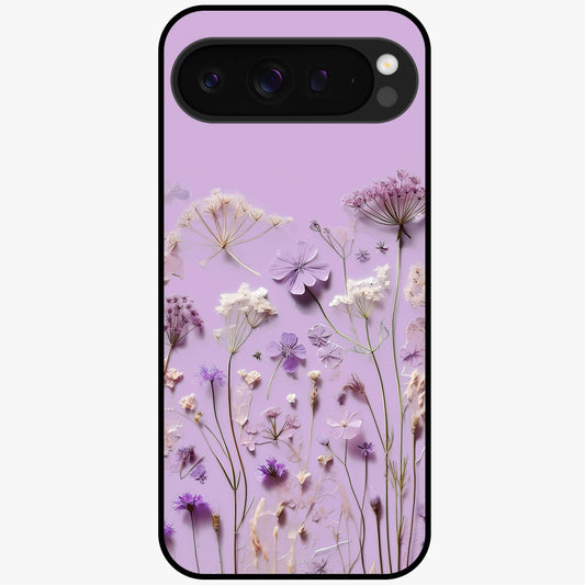 Lavender Blossom Dream Glass Case showing flat back view with soft lavender floral artwork and glossy glass finish.