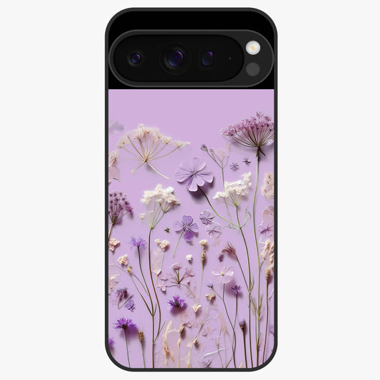 Lavender Blossom Dream Glass Case showing flat back view with soft lavender floral artwork and glossy glass finish.