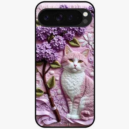 Lavender Cat Whimsy Glass Case showing flat back view with cute lavender cat artwork and glossy glass finish.